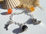 Guernsey Sea Glass Bead Bracelet, Halloween Orange Black Beach Beads, Sterling Silver 7"