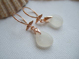 Rose Gold Angel Wing Earrings - White sea glass