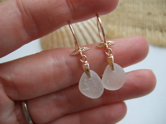 rose gold angel wing earrings with white scottish sea glass