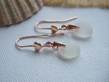 Rose Gold Heart Earrings - White sea glass