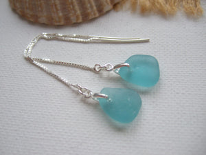 japanese sea glass threader earrings in aqua colour