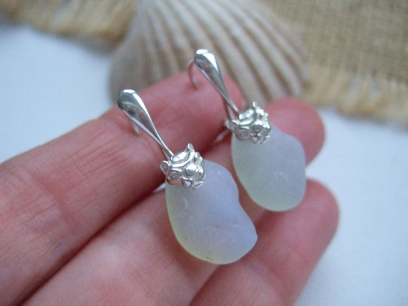 lion leverback earrings with opalite sea glass