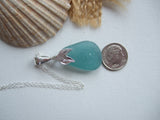 Japanese Sea Glass Necklace, Teal Beach Glass, Mermaid Design 18" sterling silver