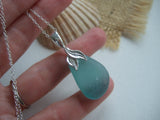 Japanese Sea Glass Necklace, Teal Beach Glass, Mermaid Design 18" sterling silver