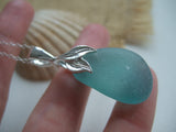 Japanese Sea Glass Necklace, Teal Beach Glass, Mermaid Design 18" sterling silver