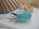 Japanese Sea Glass Necklace, Aqua Beach Glass, Wave Design 18" sterling silver