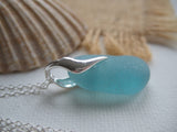 Japanese Sea Glass Necklace, Aqua Beach Glass, Wave Design 18" sterling silver