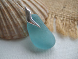 Japanese Sea Glass Necklace, Aqua Beach Glass, Wave Design 18" sterling silver