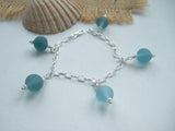 Japanese Sea Glass Marble Bracelet, Sterling Silver 7", teal aqua sea foam