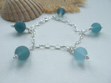 Japanese Sea Glass Marble Bracelet, Sterling Silver 7", teal aqua sea foam