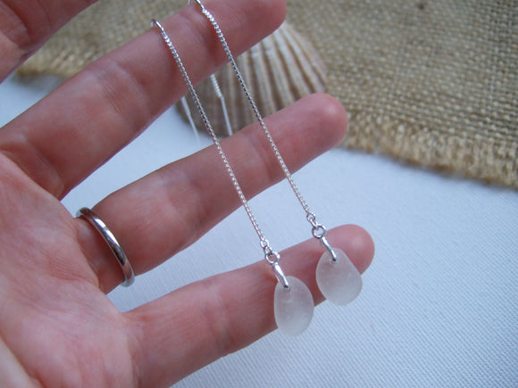 white sea glass threader earrings