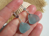 Japanese Aqua Sea Glass Earrings, Romantic Heart Design sterling silver