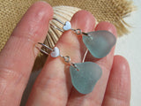 Japanese Aqua Sea Glass Earrings, Romantic Heart Design sterling silver