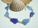 Blue sea glass bracelet, sterling silver  and blue beach glass 7.5"