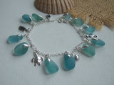Japanese Sea Glass Bracelet, Teal Aqua Turquoise Beach Glass 7" plus 1" extender Sterling