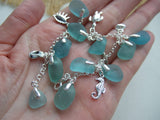 Japanese Sea Glass Bracelet, Teal Aqua Turquoise Beach Glass 7" plus 1" extender Sterling