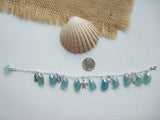 Japanese Sea Glass Bracelet, Teal Aqua Turquoise Beach Glass 7" plus 1" extender Sterling