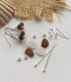 White Brown Sea Glass Stacker Earrings - sterling silver