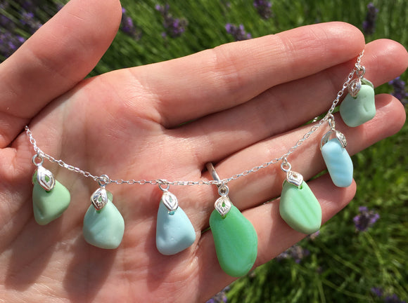 Milk Sea Glass Necklace - blue and green, sterling silver 18