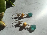 Japanese Aqua Sea Glass & Antique Amber Earrings, sterling silver