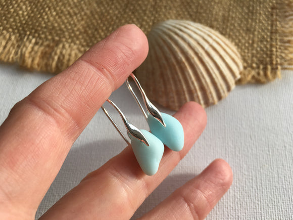 Blue Milk Sea Glass Wave Design Sterling Silver Earrings