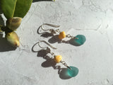 Japanese Aqua Sea Glass & Antique Amber Earrings, sterling silver