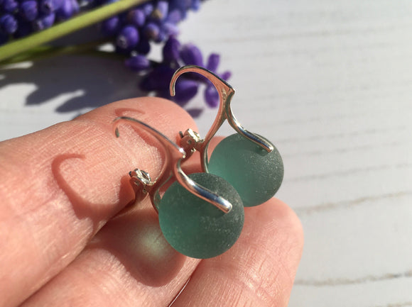 Japanese Dark Aqua Sea Glass Marble Earrings, Leverback Sterling Silver