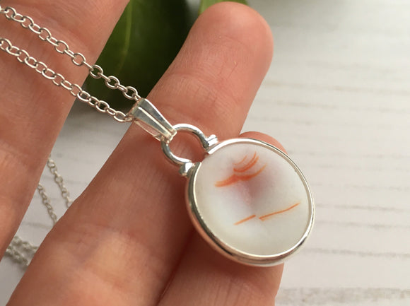 Japanese Sea Glass Ohajiki, Flat Marble Necklace, Red Opalescent with Dimple