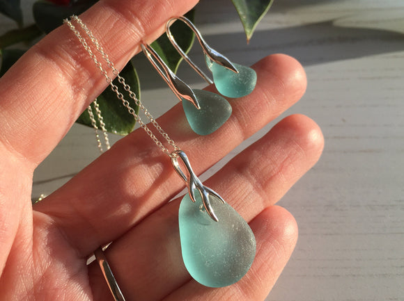 Japanese Aqua Sea Glass Jewellery Set - Sterling Silver