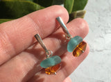 Japanese Aqua Sea Glass & Antique Amber Stud Earrings, sterling silver