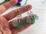 Japanese Sea Glass Chandelier Earrings, Sterling Silver Aqua Green