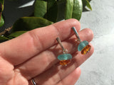 Japanese Aqua Sea Glass & Antique Amber Stud Earrings, sterling silver