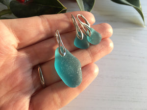 Japanese Teal Sea Glass Jewellery Set - Sterling Silver