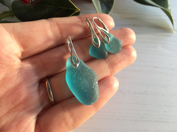 Japanese Teal Sea Glass Jewellery Set - Sterling Silver