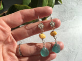 Japanese Aqua Sea Glass & Antique Amber Earrings, sterling silver