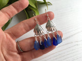 Blue Mix Sea Glass Shell Chandelier Earrings, Sterling Silver