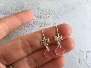 Scottish Pink Sea Glass Bow Design Earrings - Sterling Silver