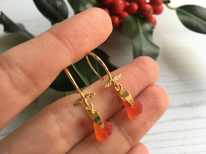 Red Sea Glass Angel Wing Earrings - 24K Gold On Sterling Silver