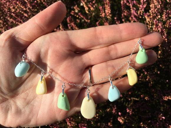 Milk Sea Glass Necklace - yellow, blue and green, sterling silver 18