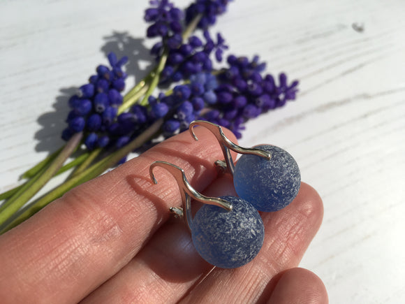 Japanese Sky Blue Sea Glass Marble Earrings, Leverback Sterling Silver