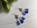 Blue Mix Sea Glass Shell Chandelier Earrings, Sterling Silver