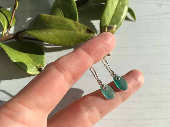 Turquoise Multi Seaham Sea Glass Earrings, Sterling Silver Petite Water drops