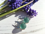 Japanese Dark Aqua Sea Glass Marble Earrings, Leverback Sterling Silver