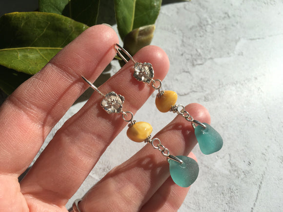 Japanese Aqua Sea Glass & Antique Amber Earrings, sterling silver