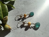 Japanese Aqua Sea Glass & Antique Amber Earrings, sterling silver