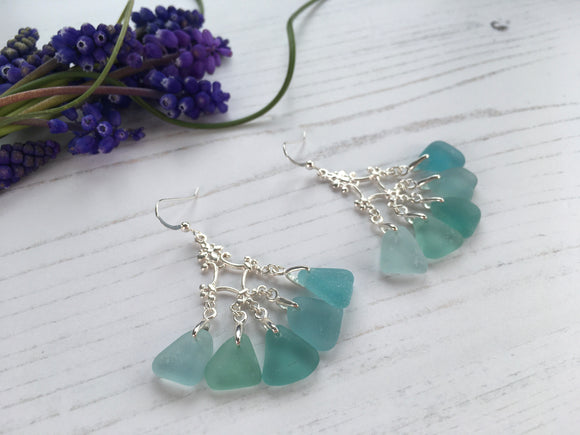Japanese Sea Glass Chandelier Earrings, Aqua Mix