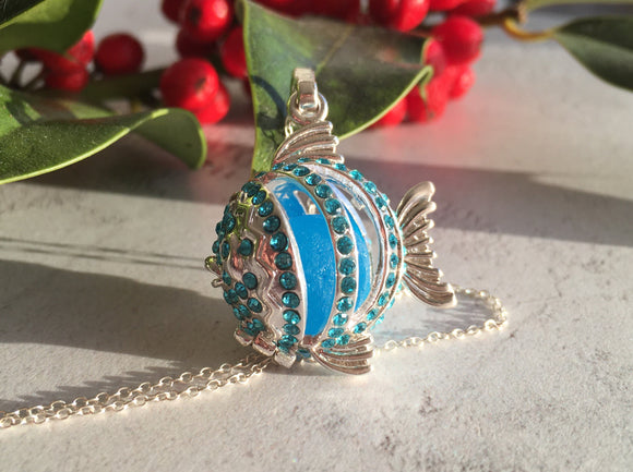 Turquoise Sparkly Fish Locket with Turquoise Sea Glass Marbke