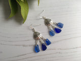 Blue Mix Sea Glass Shell Chandelier Earrings, Sterling Silver
