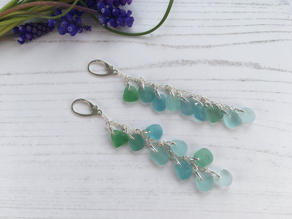 Japanese Sea Glass Cascade Earrings, Sterling Silver Green Aqua Ombre