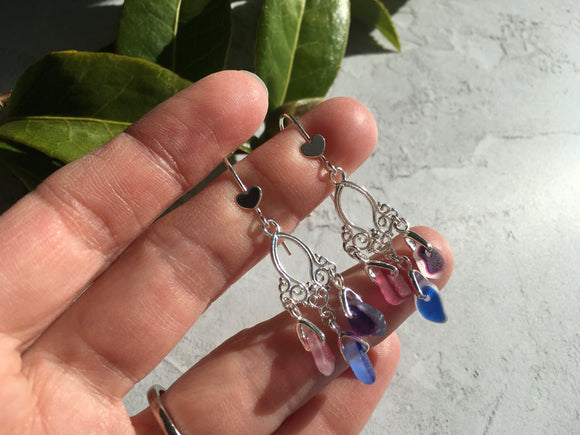 Seaham Sea Glass Pink Purple Multi Chandelier Earrings